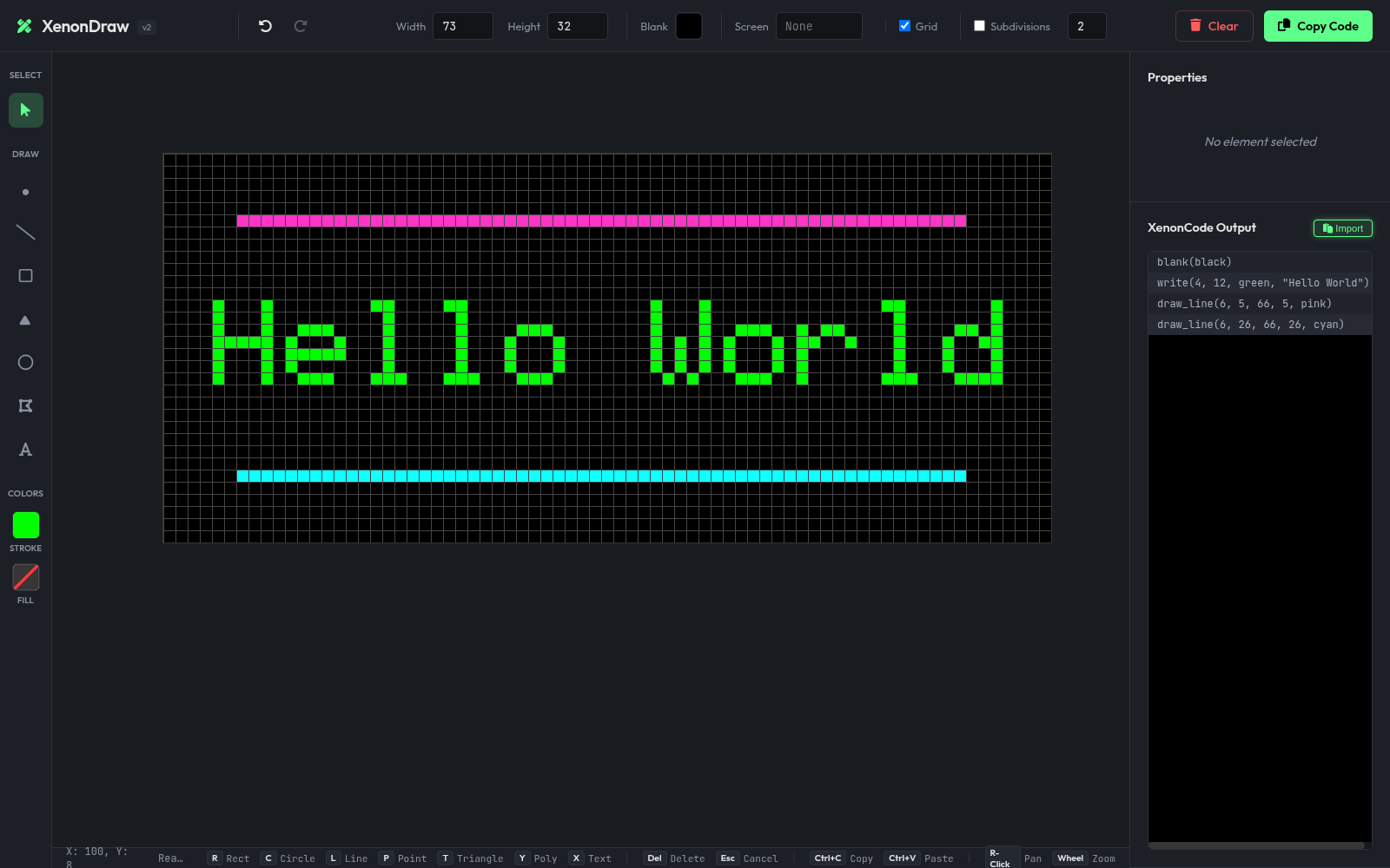 XenonDraw editor showing a pixel interface and its generated XenonCode